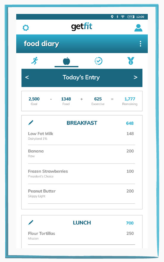 Food Diary - High Fidelity Wireframe for GetFit Fitness App