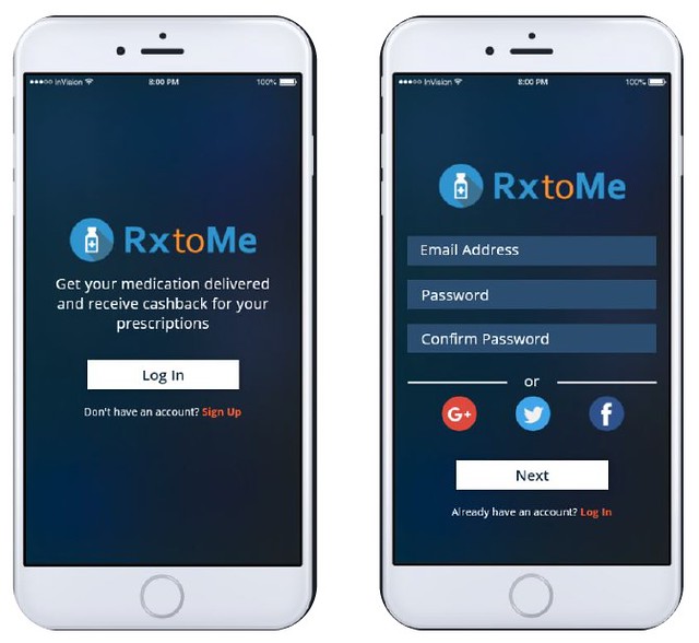 Two mobile phones showcasing RxtoMe 3.0 User Interface screens