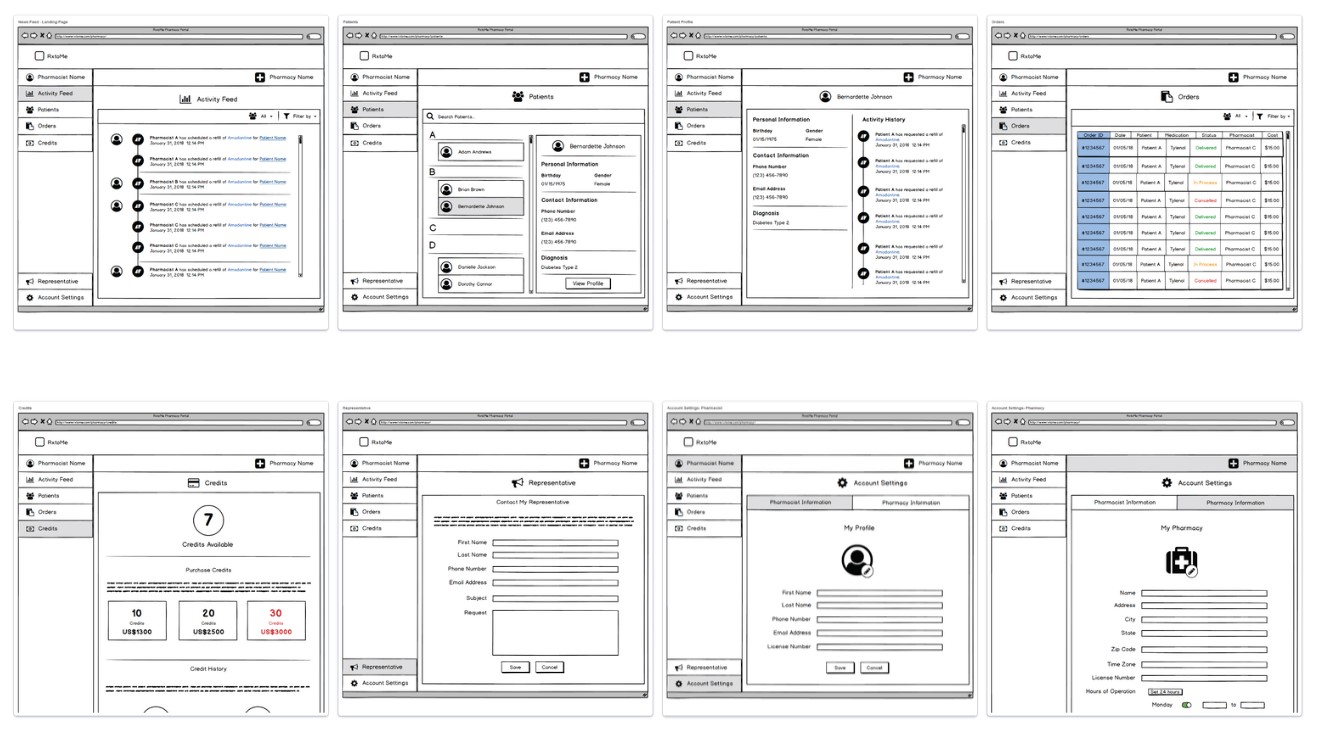 Grid with eight screenshots of the screens of the medium fidelity prototype of the RxtoMe Pharmacy Portal 2.0